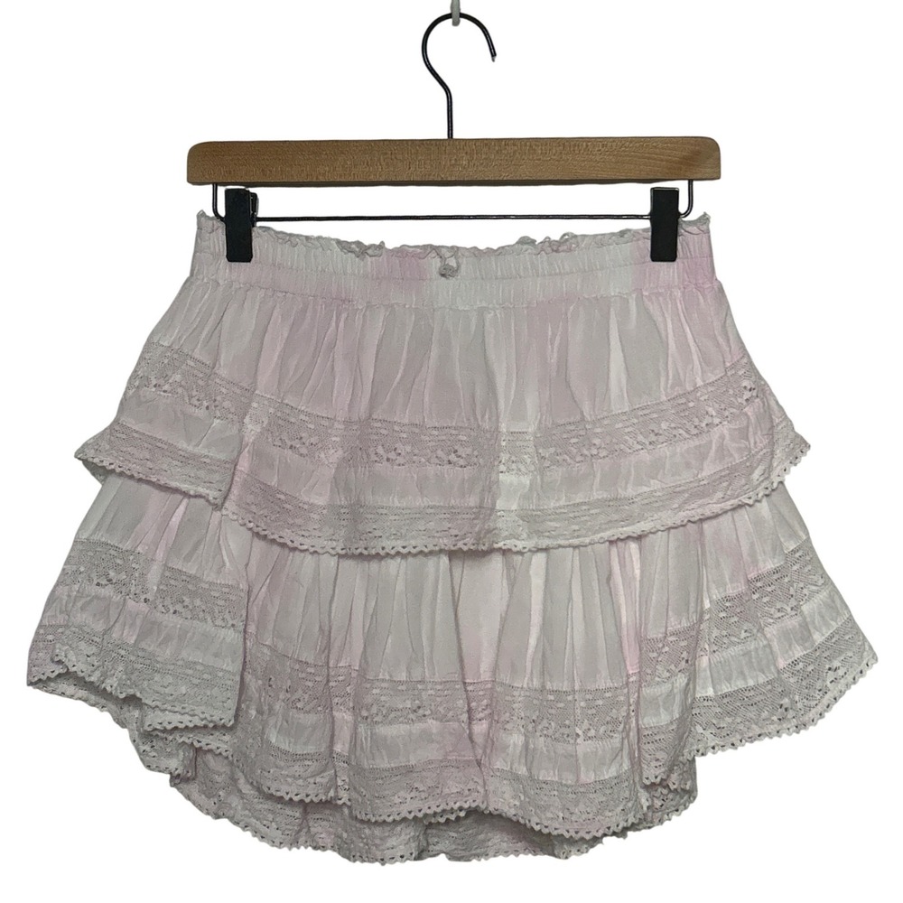 LoveShackFancy Ruffled‎ Tiered Lace Mini Skirt Cotton Pink White XS Boho Beachy